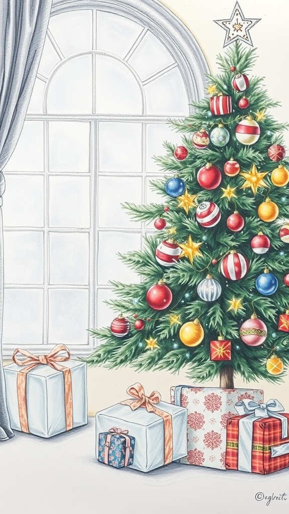 Realistic pencil drawing of a Christmas scene with a decorated tree and snowy window.